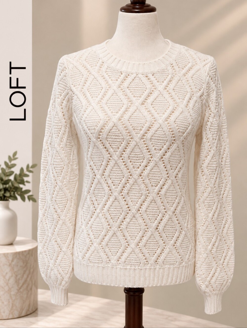 LOFT Ivory Open-Knit Diamond Pattern Crewneck Sweater XS
